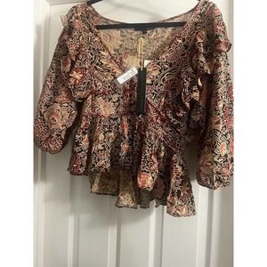 House of Harlow V Neck Button Ruffle Top Women Med Peplum NWT Gorgeous Pattern
